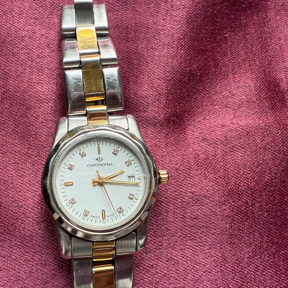 Vintage Continental Ladies Watch Gold Filled Diamonds Stainless Steel Water Resi